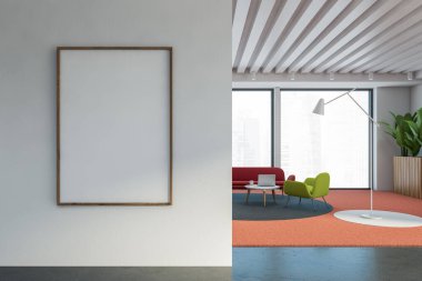 Panoramik oturma odasının içinde beyaz duvarlar, halı döşeme, kırmızı kanepe, koltuk ve kahve masaları var. Posteri düzenle. 3d oluşturma