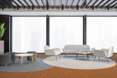 Gri duvarları, halı döşemeleri, beyaz kanepesi, koltuğu ve kahve masaları olan modern panoramik oturma odasının içi. 3d oluşturma