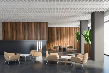 Gri ve ahşap duvarları, beton zemini ve bej koltukları olan modern ofis bekleme odasının içinde. 3d oluşturma