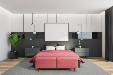 Beyaz ve siyah duvarları, tahta zemini ve rahat kral yatağı olan modern yatak odasının içi. Yatay maket posteri. 3d oluşturma