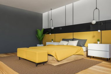 Modern yatak odasının köşesinde beyaz, gri ve sarı duvarlar, ahşap zemin ve rahat kral yatağı var. 3d oluşturma