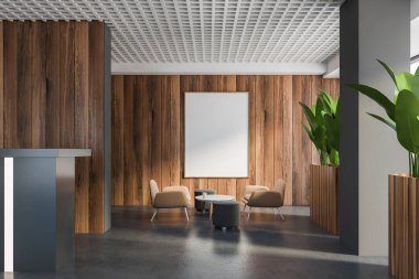 Gri ve ahşap duvarları, beton zemini ve bej koltukları olan modern ofis bekleme odasının içinde. Dikey maket posteri. 3d oluşturma