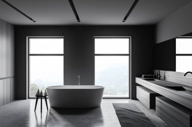 Gri ve ahşap duvarları, beton zemini, rahat küveti ve uzun aynalı çift lavabosu olan şık bir banyo. 3d oluşturma