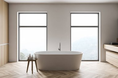 Modern banyo, beyaz ve ahşap duvarlar, ahşap zemin, rahat küvet ve bulanık manzaralı pencereler. 3d oluşturma