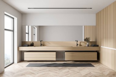 Beyaz ve ahşap duvarlı modern banyonun içi, ahşap zemin ve uzun aynalı çift lavabo. 3d oluşturma