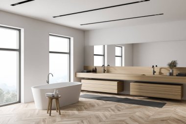 Beyaz ve ahşap duvarları olan modern banyonun köşesi, ahşap zemin, rahat küvet ve uzun aynalı çift lavabo. 3d oluşturma