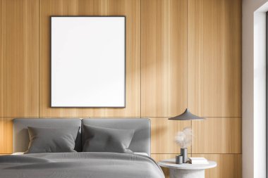 Modern yatak odasında beyaz, ahşap duvarları ve kral yatağı olan bir poster. 3d oluşturma