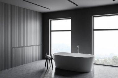 Gri ve ahşap duvarları, beton zemini, rahat küveti ve bulanık manzaralı pencereleri olan şık bir banyonun köşesi. 3d oluşturma