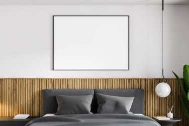 Beyaz ve ahşap duvarları, ahşap zemini ve rahat kral yatağı olan modern bir yatak odası. Yatay maket posteri. 3d oluşturma