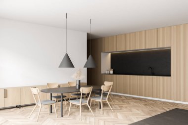 Beyaz ve ahşap duvarlı modern oturma odasının köşesi, ahşap zemin, yuvarlak yemek masası, bej kanepe ve dolap. 3d oluşturma