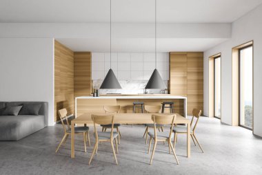 Beyaz ve ahşap duvarları, beton zemini, bar ve yemek masası olan modern mutfağın içi. 3d oluşturma