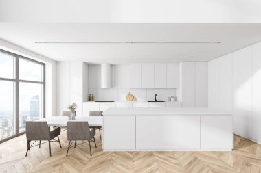 Beyaz duvarları, ahşap zemini, beyaz dolapları ve sandalyeli barları olan modern mutfağın içi. 3d oluşturma