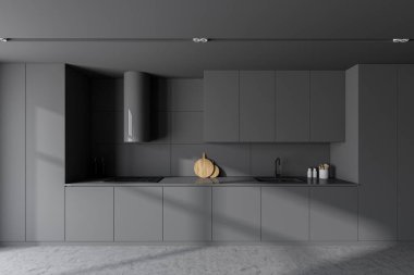 Gri duvarları, beton zemini, gri dolapları ve dolapları olan şık bir mutfak. 3d oluşturma