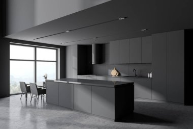 Gri duvarları, beton zemini, gri dolapları ve sandalyeli barları olan şık bir mutfak köşesi. 3d oluşturma