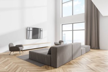 Beyaz duvarları, ahşap zemini, gri koltuğu, kanepesi ve duvarında TV olan modern oturma odasının köşesi. 3d oluşturma