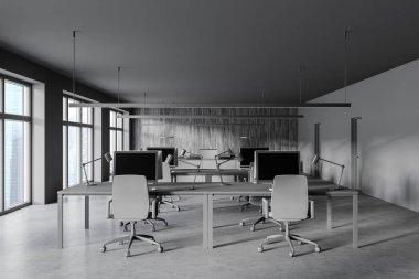 Gri ve ahşap duvarları, beton zemini ve sıra sıra bilgisayar masaları olan modern açık uzay ofisinin içi. 3d oluşturma