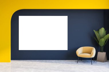 Mavi ve sarı duvarları, beton zemini, bej koltuğu ve yatay maket posteri olan şık bir oturma odası. 3d oluşturma