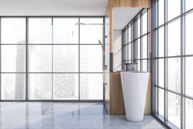 Minimalist banyo ahşap ve gri duvarlar, beton zemin, duş kabini ve yuvarlak lavabo. 3d oluşturma