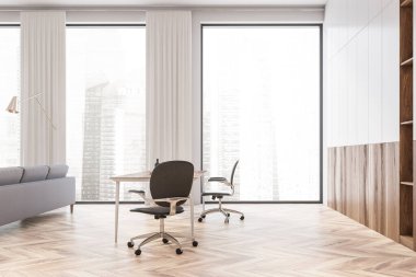 Beyaz ve ahşap duvarları, ahşap zemini, uzun masası ve gri kanepesi olan modern oturma odasının içi. 3d oluşturma