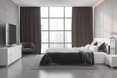 Çağdaş yatak odasının içinde beton duvarlar ve zemin, rahat kral yatağı ve televizyon. 3d oluşturma