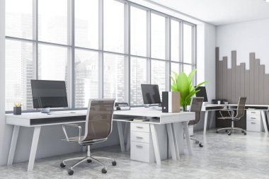 Beyaz ve ahşap duvarları, beton zemini ve ahşap bilgisayar masaları olan şık bir açık uzay ofisinin köşesi. 3d oluşturma