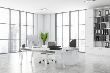 Beyaz duvarları, beton zemini, bilgisayar masası ve klasörlü kitaplığı olan şık CEO ofisinin köşesi. 3d oluşturma