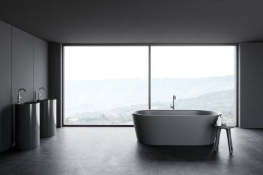 Gri duvarları, beton zemini, rahat küveti ve çift lavabosu olan panoramik banyonun içi. 3d oluşturma