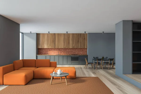 Interieur Eines Modernen Wohnzimmers Mit Grauen Wänden Holzboden Orangefarbenem Sofa — Stockfoto