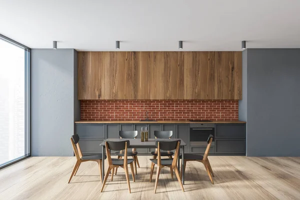 Interieur Der Modernen Küche Mit Grauen Und Gemauerten Wänden Holzboden — Stockfoto