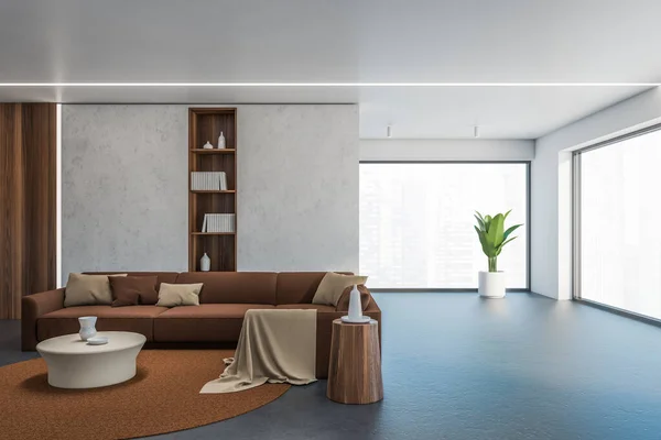 有混凝土和木制墙壁 棕色沙发和咖啡桌的时髦客厅的内部 3D渲染 — 图库照片