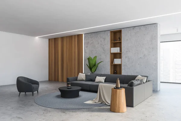 Corner of modern living room with concrete and wooden walls, black armchair and sofa. 3d rendering