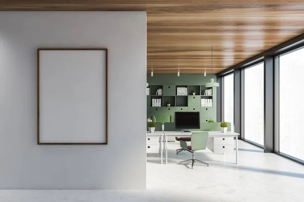 Interior of modern open space office with white and green walls, concrete floor, computer tables and green bookcase. Mock up poster. 3d rendering
