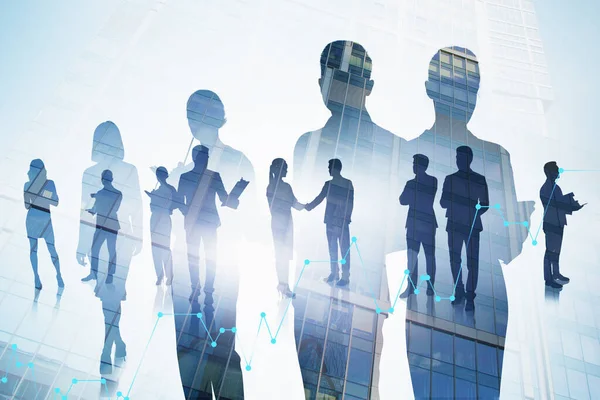 Silhouettes Business People Blurry City Double Exposure Digital Charts Toned — Stock Photo, Image