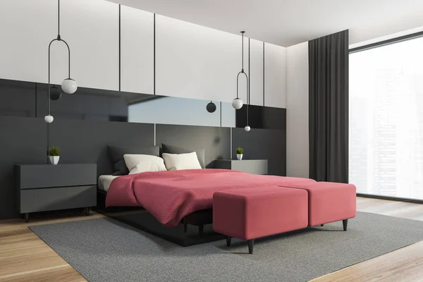 现代卧房的角落 有白色和黑色的墙壁 木制的地板和舒适的国王大小的床 窗户与模糊的城市景观 3D渲染 — 图库照片