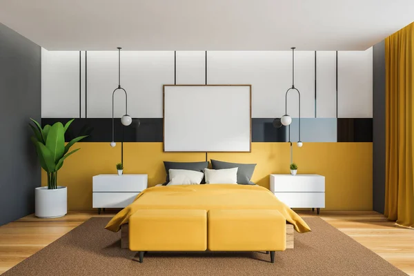 Interior Quarto Moderno Com Paredes Brancas Cinzentas Amarelas Piso Madeira — Fotografia de Stock