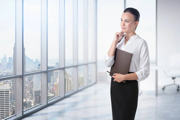 Portrait Thoughtful Young Businesswoman Folder Standing Panoramic Ceo Office Toned — Stock Photo, Image