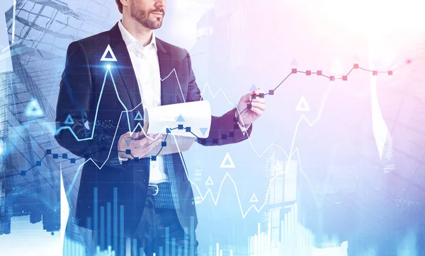 Unrecognizable Businessman Drawing Financial Graph Blurry City Toned Image Double — Stock Photo, Image