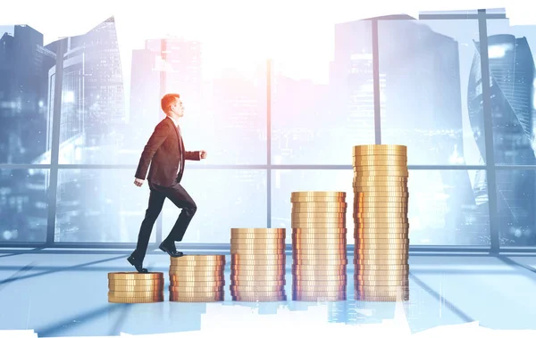 Side View Young Businessman Climbing Stacks Coins Blurry Panoramic Office — Stock Photo, Image