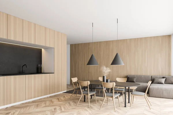 Corner Panoramic Living Room Wooden Walls Floor Gray Sofa Table — Stock Photo, Image
