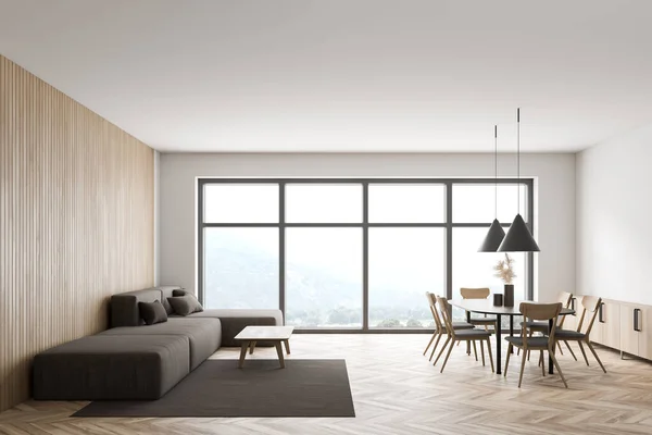 Inteiror Panoramic Living Room Wooden Walls Floor Gray Sofa Dining — Stock Photo, Image