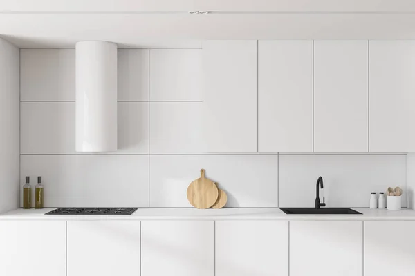 Großaufnahme Der Modernen Küche Mit Weißen Wänden Holzboden Und Weißen — Stockfoto