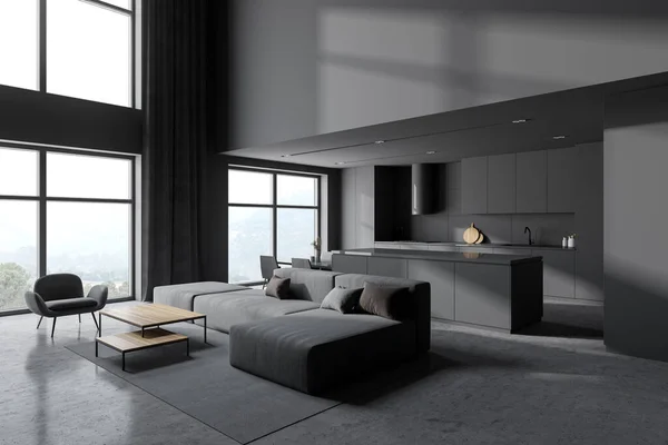 有灰色墙壁 混凝土地板 灰色扶手椅 沙发和厨房背景的时尚客厅角落 3D渲染 — 图库照片