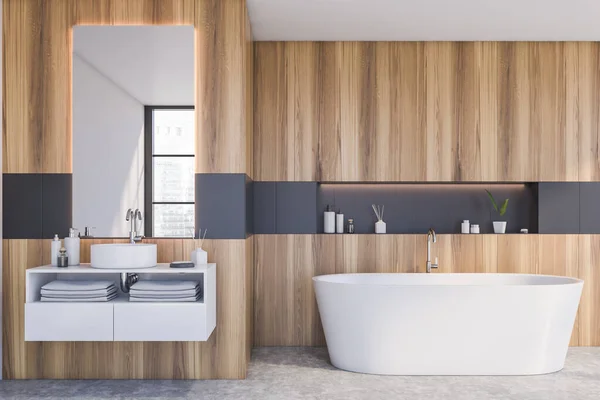 Interior Moderna Casa Banho Minimalista Com Paredes Madeira Cinza Piso — Fotografia de Stock