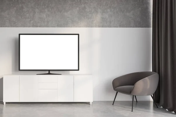 Interieur Eines Modernen Wohnzimmers Mit Weißen Und Betonwänden Betonboden Fernseher — Stockfoto