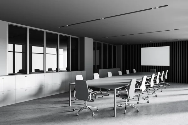Corner Modern Meeting Room Gray Woden Walls Concrete Floor Long — Stock Photo, Image