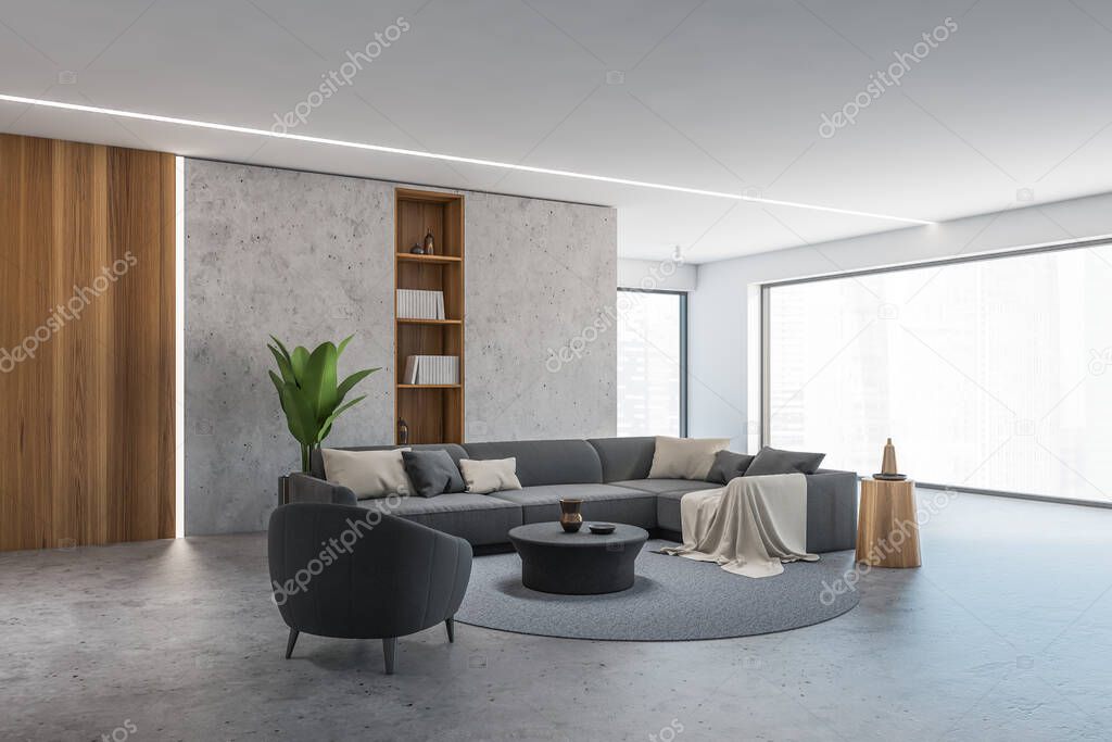 Corner of panoramic living room with concrete and wooden walls, black armchair and sofa. 3d rendering