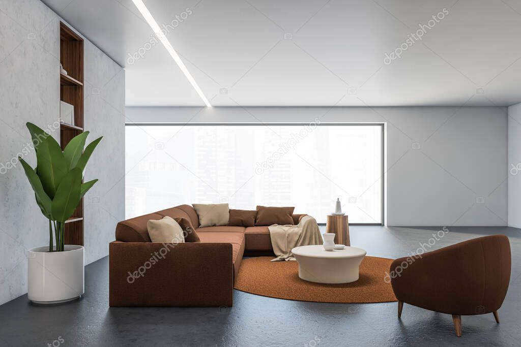 Interior of panoramic living room with concrete walls, brown armchair and sofa. 3d rendering