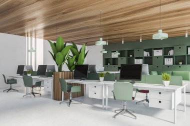 Beyaz ve yeşil duvarları, beton zemini, bilgisayar masaları ve yeşil kitaplığı olan modern açık uzay ofisinin köşesi. 3d oluşturma