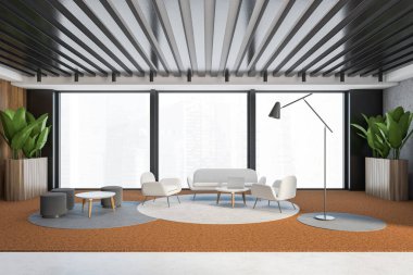 Gri duvarlı, halılı, beyaz koltuklu, koltuklu ve kahve masalı panoramik oturma odasının içi. 3d oluşturma