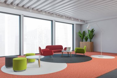 Panoramik oturma odasının köşesinde beyaz duvarlar, halı döşeme, kırmızı kanepe, koltuk ve kahve masaları. 3d oluşturma